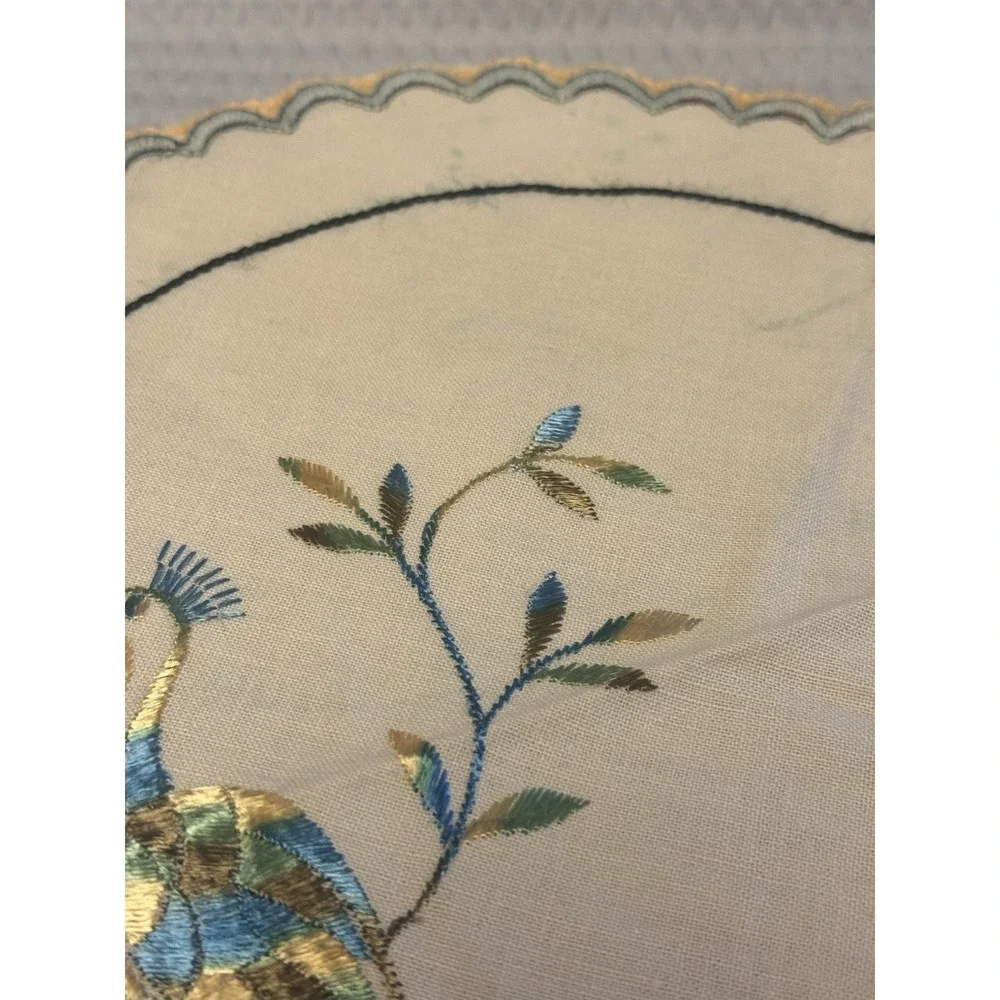 Vintage 12 in Linen Doily Blue Green Embroidered Peacock Handmade 1930-1950